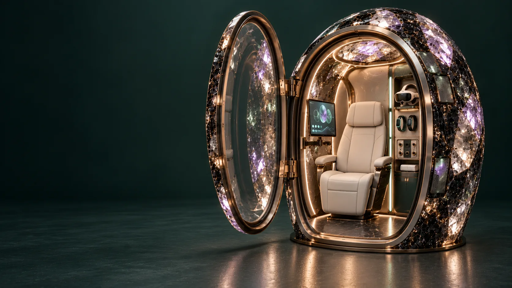 Future crystalline Geode with embedded compute tiles, a haptic reflection display, XR dock and sensor connections