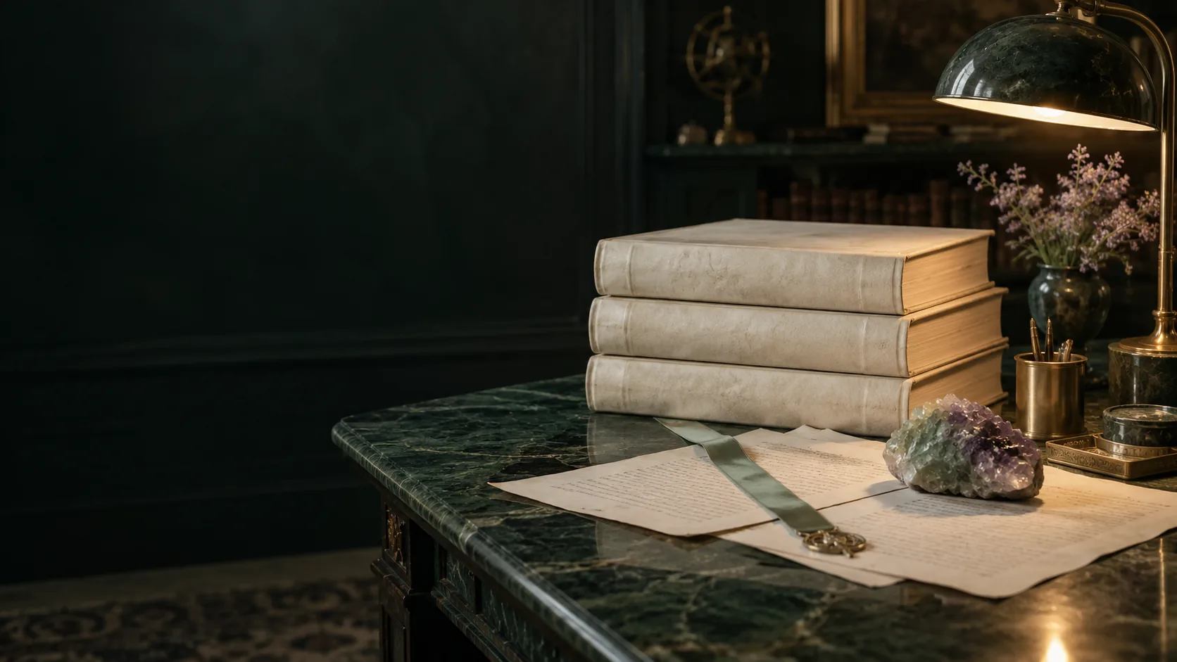 Three source volumes and reading notes on an archival desk