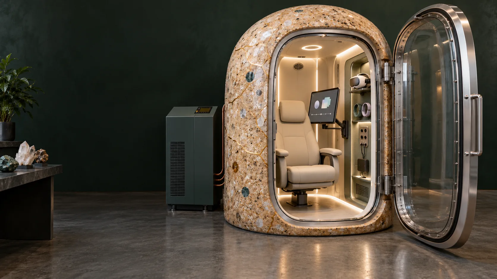 Cast geopolymer Geode concept with an upright reflection workstation, haptic display and sensor bay