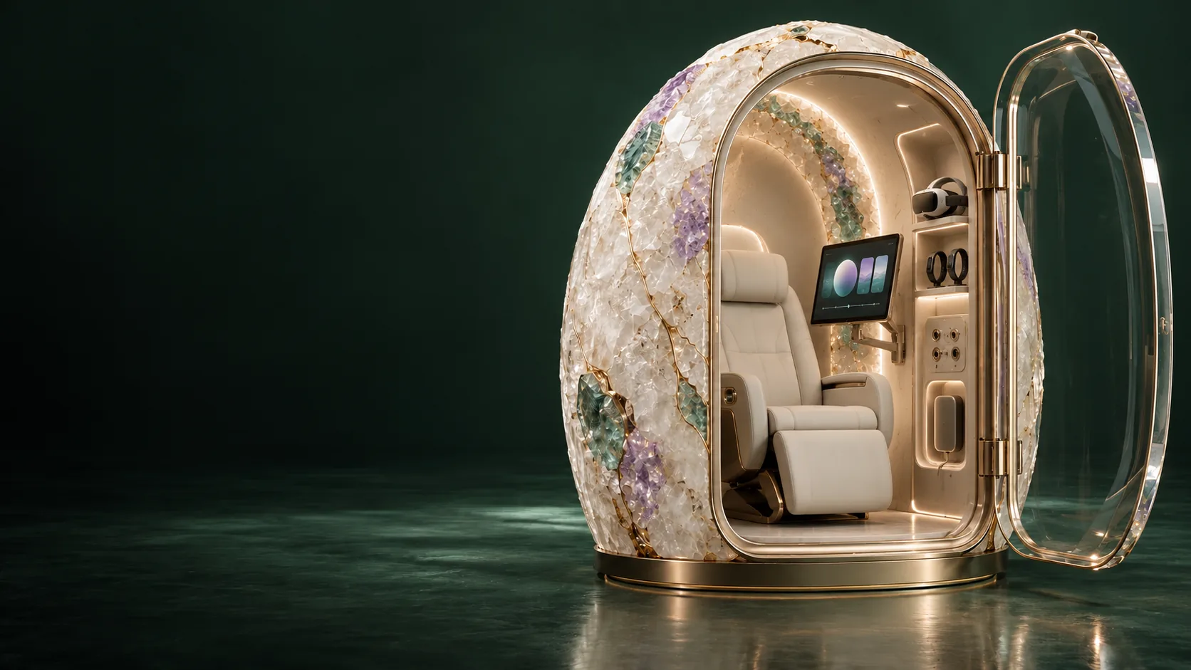 Compact ivory mineral Geode with a side-mounted reflection screen, XR dock and wearable sensor connections