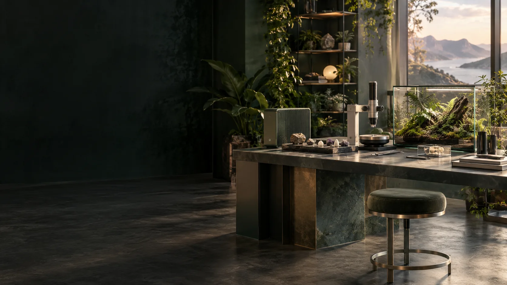 Compute hardware, material specimens and living plants on a research bench
