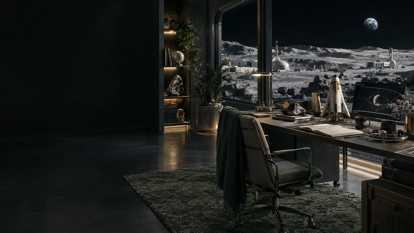A speculative mission-planning desk overlooking a lunar research landscape