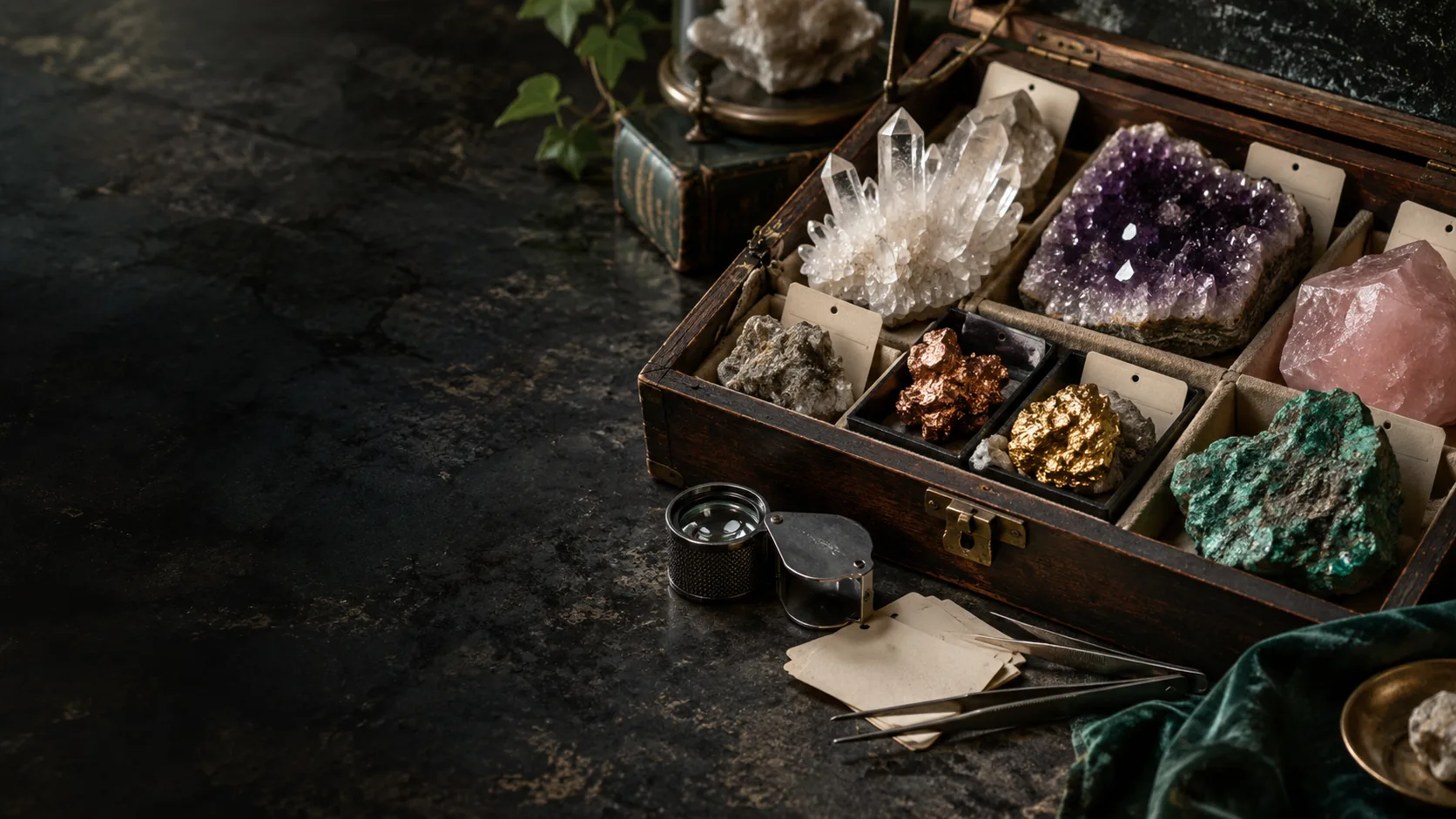 Mineral and metal specimens with blank provenance cards and a magnifying loupe