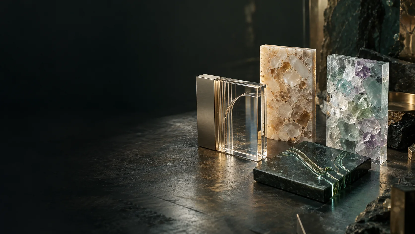 Four physical material studies representing the conventional, cast, crystalline and computational pathways