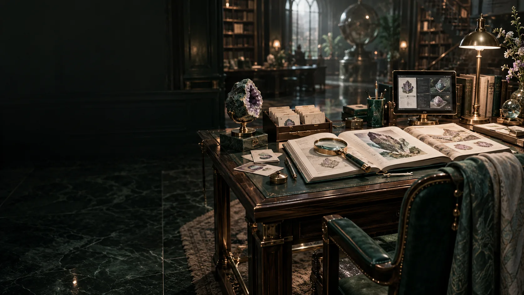 Journals, source cards and a magnifying lens at a research desk