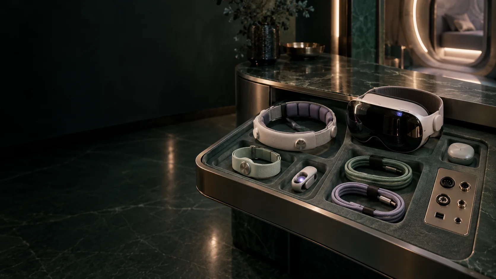 Wearable sensors, an XR headset and organised wired and wireless connection hardware