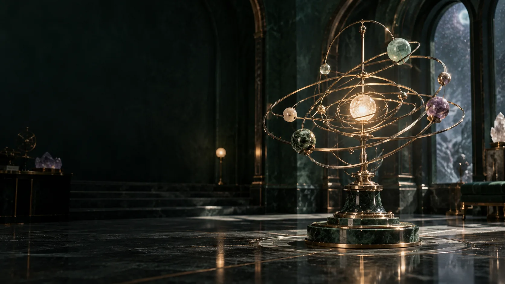 A physical mineral-and-metal orrery representing connected routes through the atlas
