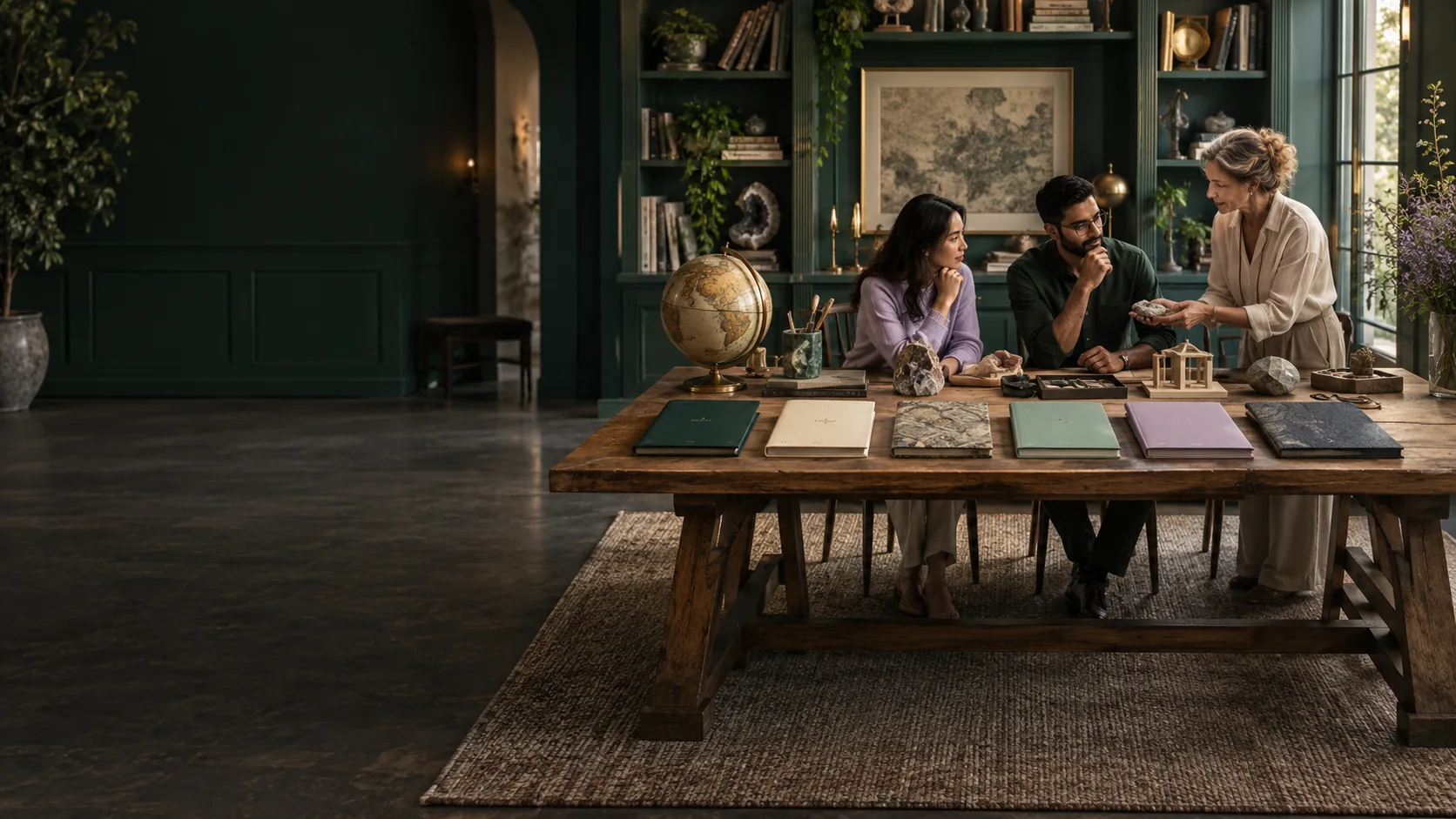 Adults learning through demonstration beside six portfolios and a globe