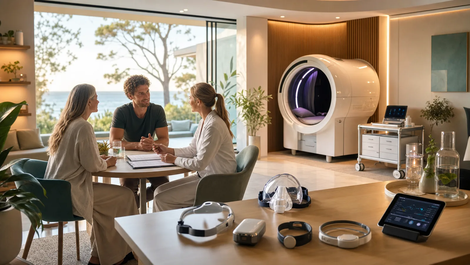 Professional clinic concept with capsule equipment, consent conversation and biosensor kit