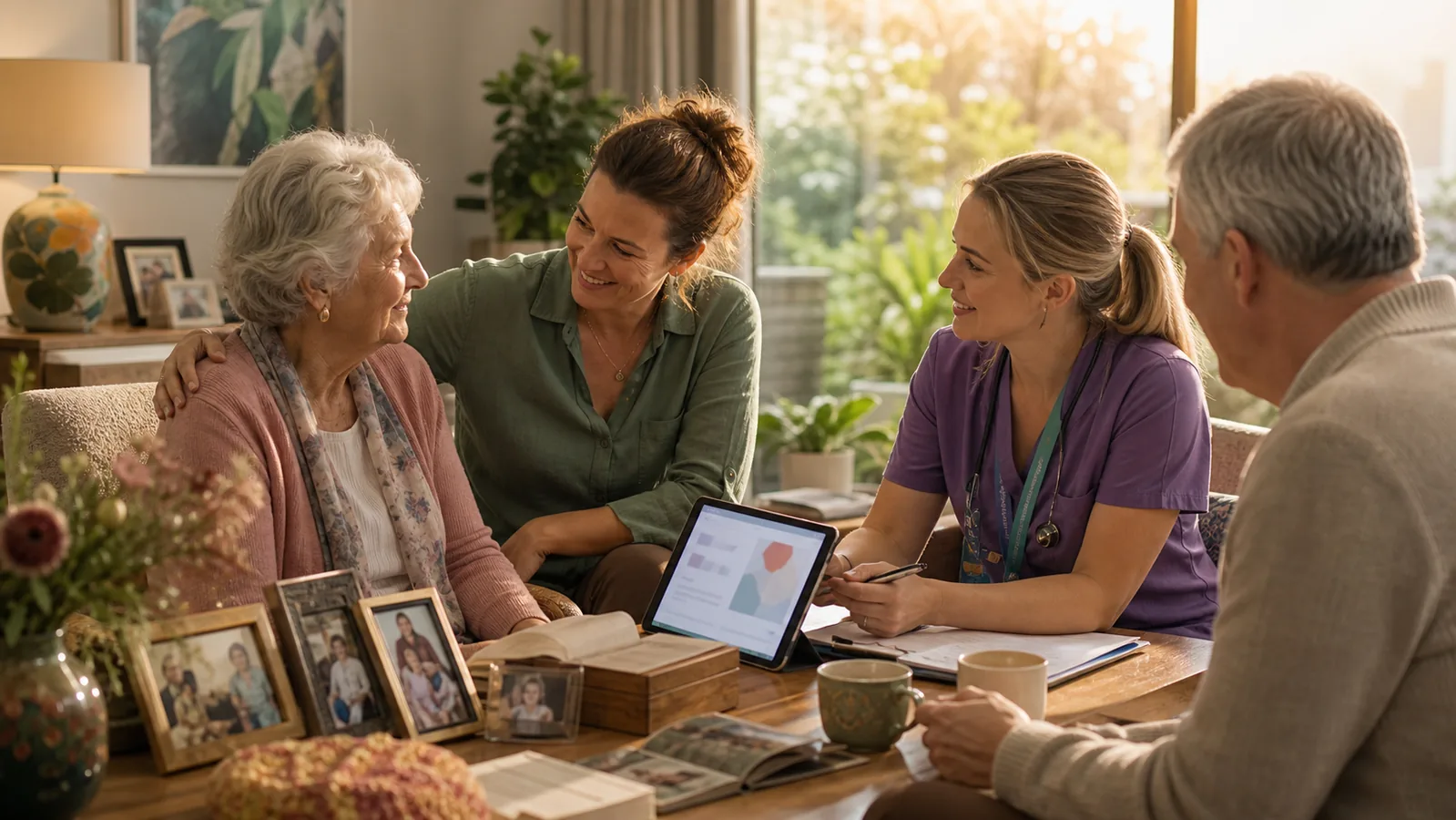 Dignified care circle with older person, carer, family member and health professional