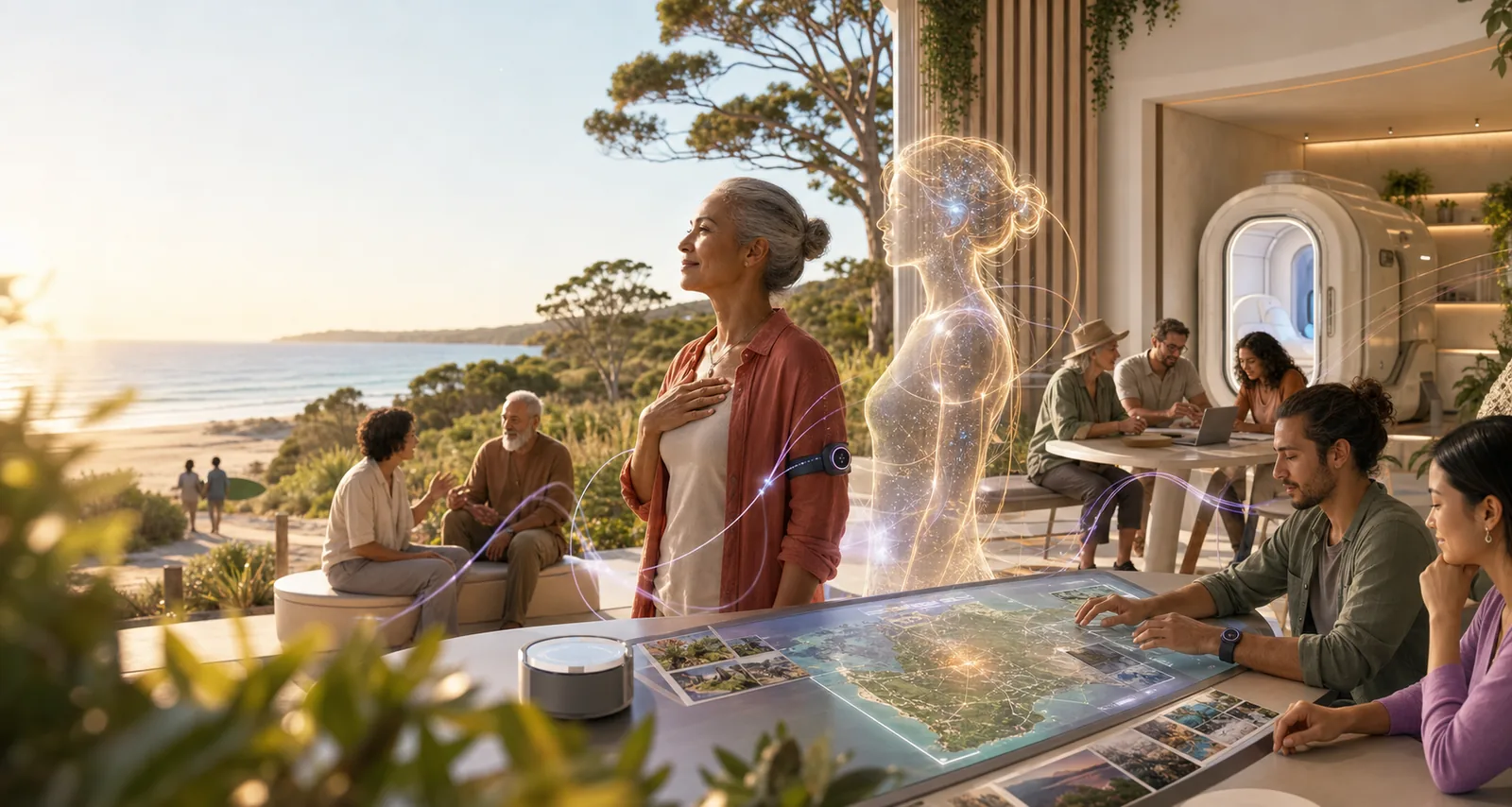 Hopeful Aura of Intelligence community lab with a wellness capsule, digital twin lightform and civic table
