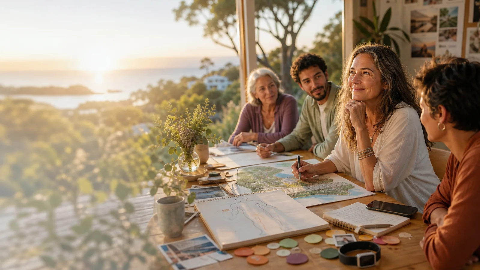 Hopeful people mapping body, mind and place around a coastal community table