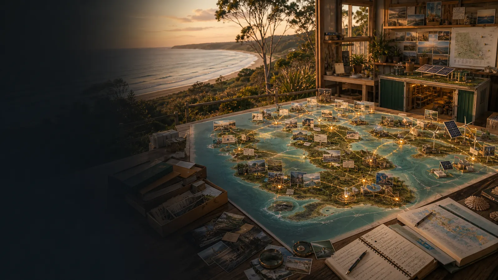 Connected project images arranged across a coastal atlas worktable
