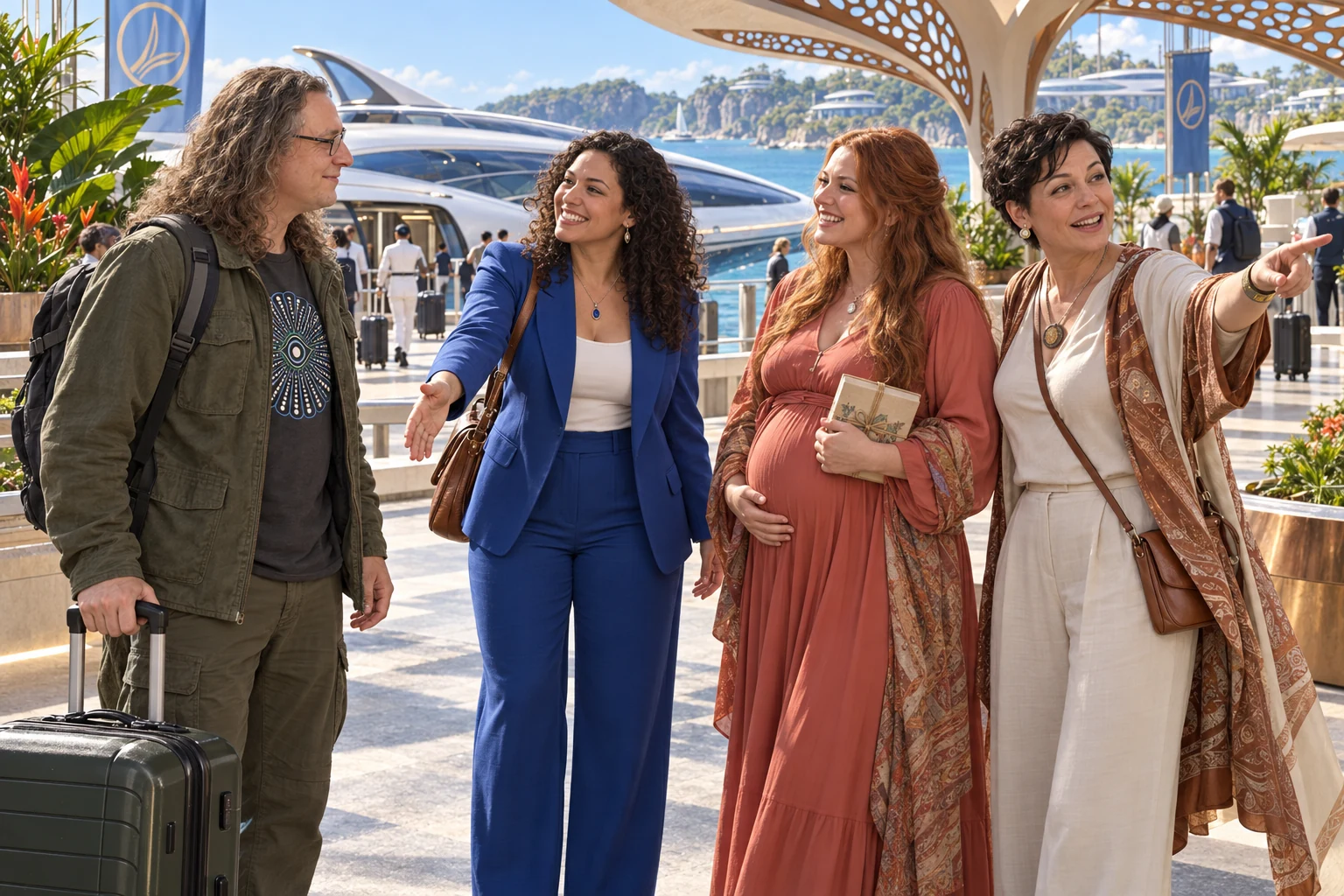 Three adult women welcome the long-haired Sire and his travel bag at a future coastal arrivals terrace, with a sea-glider docked behind them.