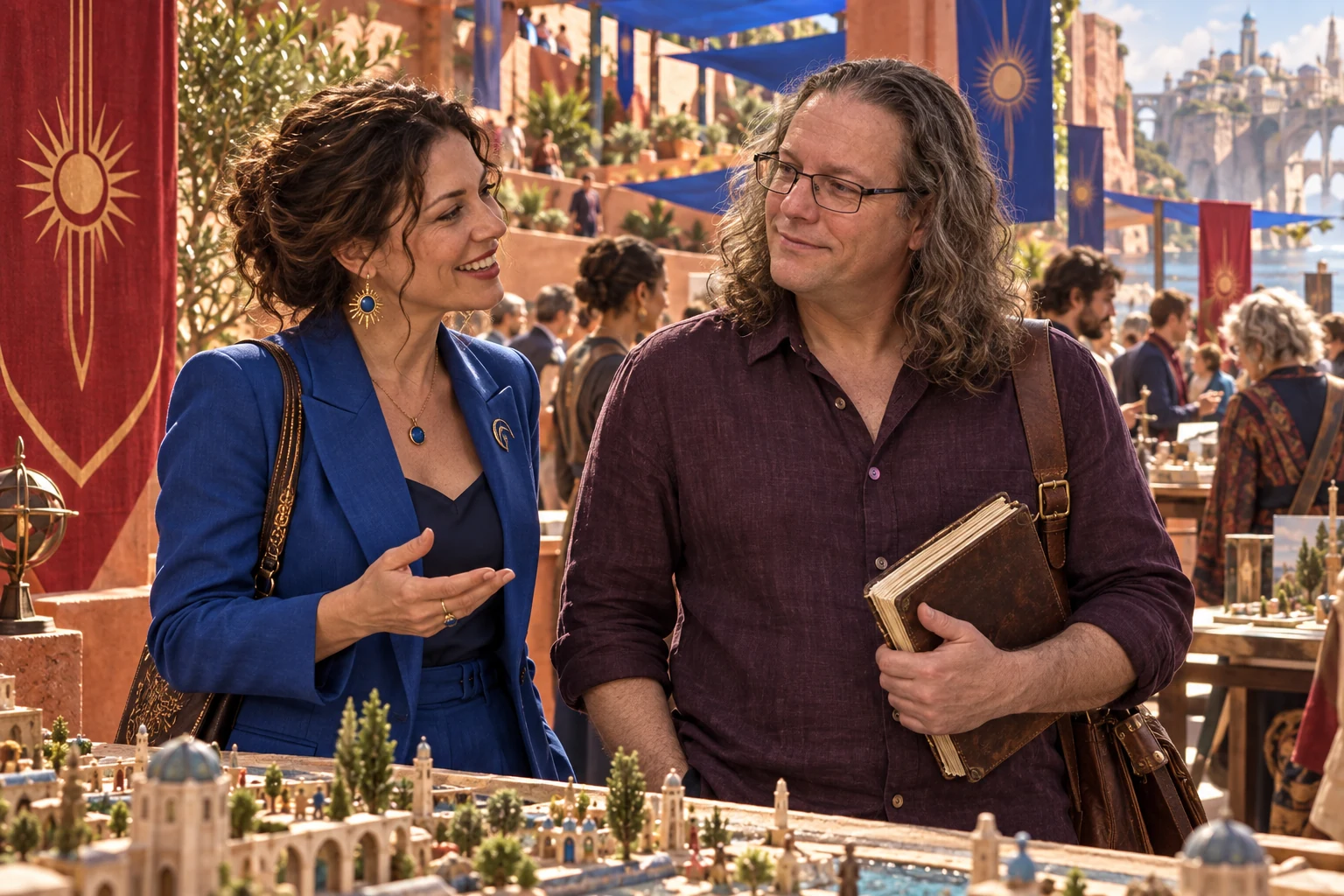 A long-haired Australian writer listens as a woman approaches him at a colourful worldbuilding festival.