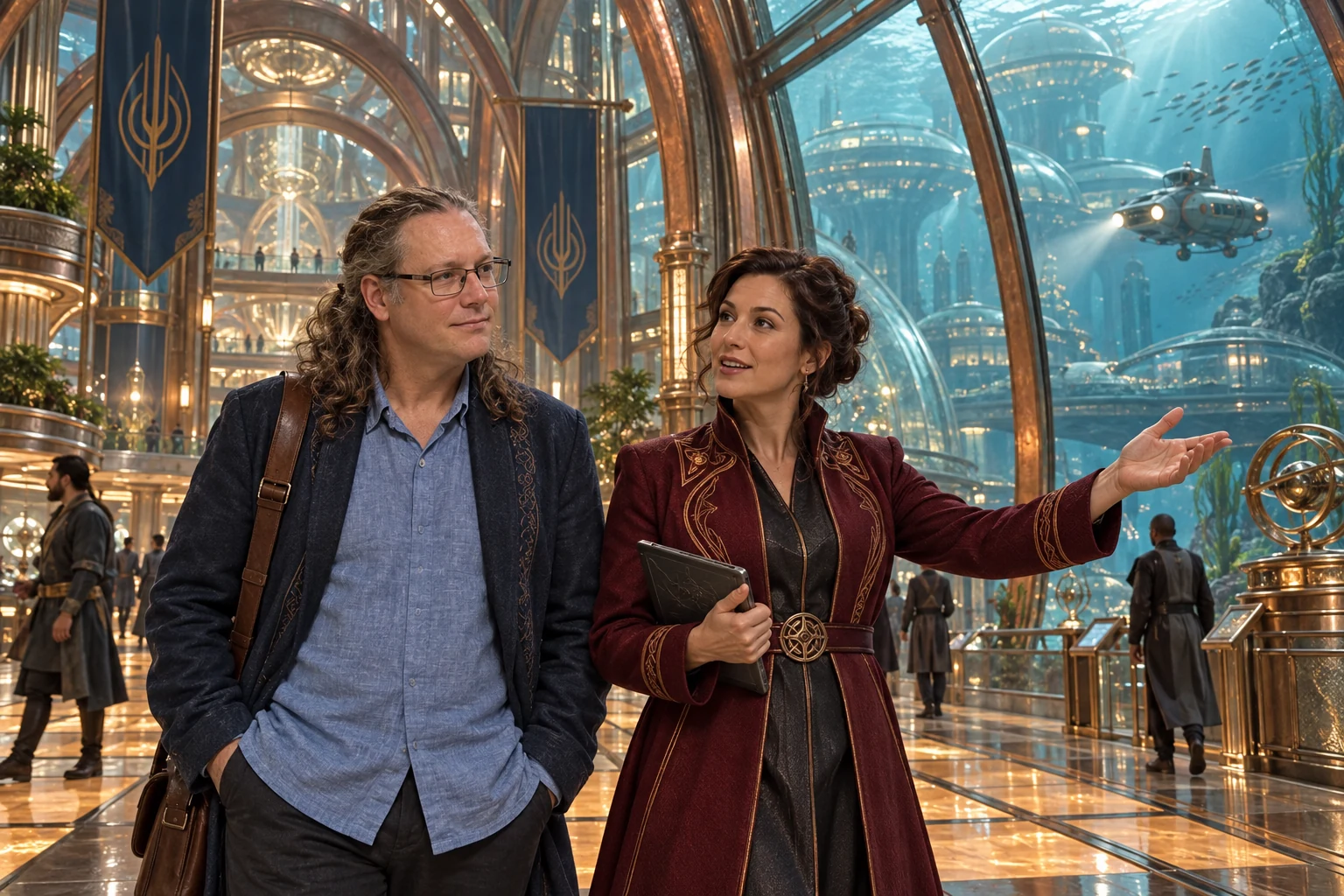 A woman envoy shows Sire an engineered underwater city through a copper-ribbed glass gallery.