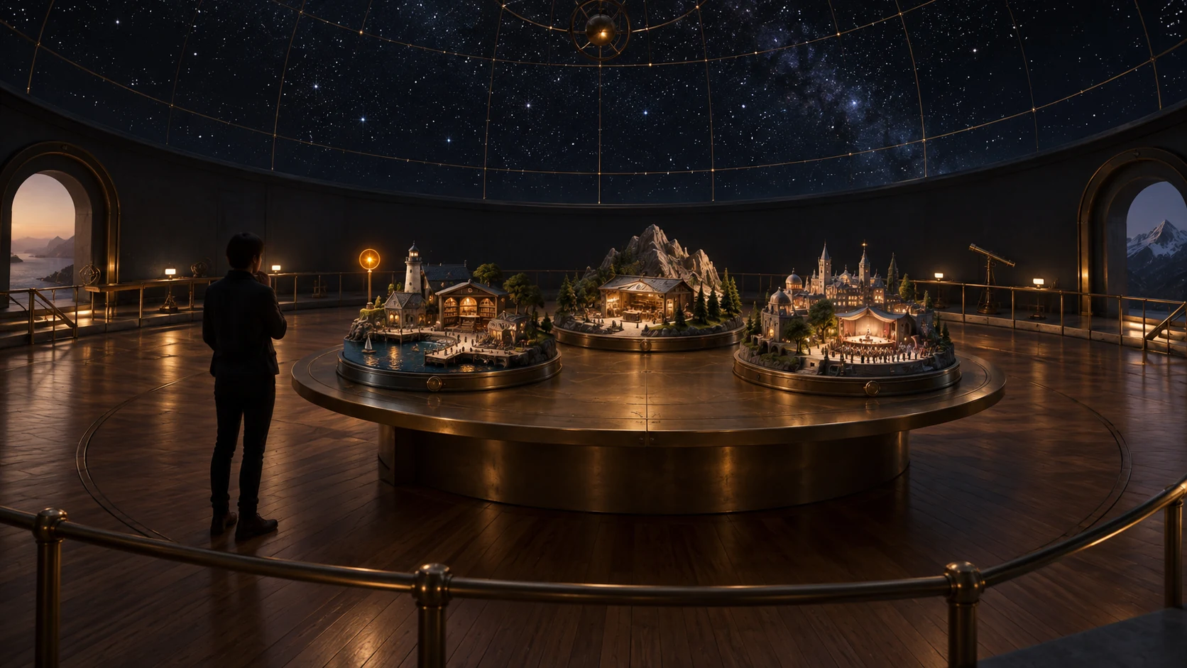 Three physical journey models stand within a star-filled hollow geosphere.