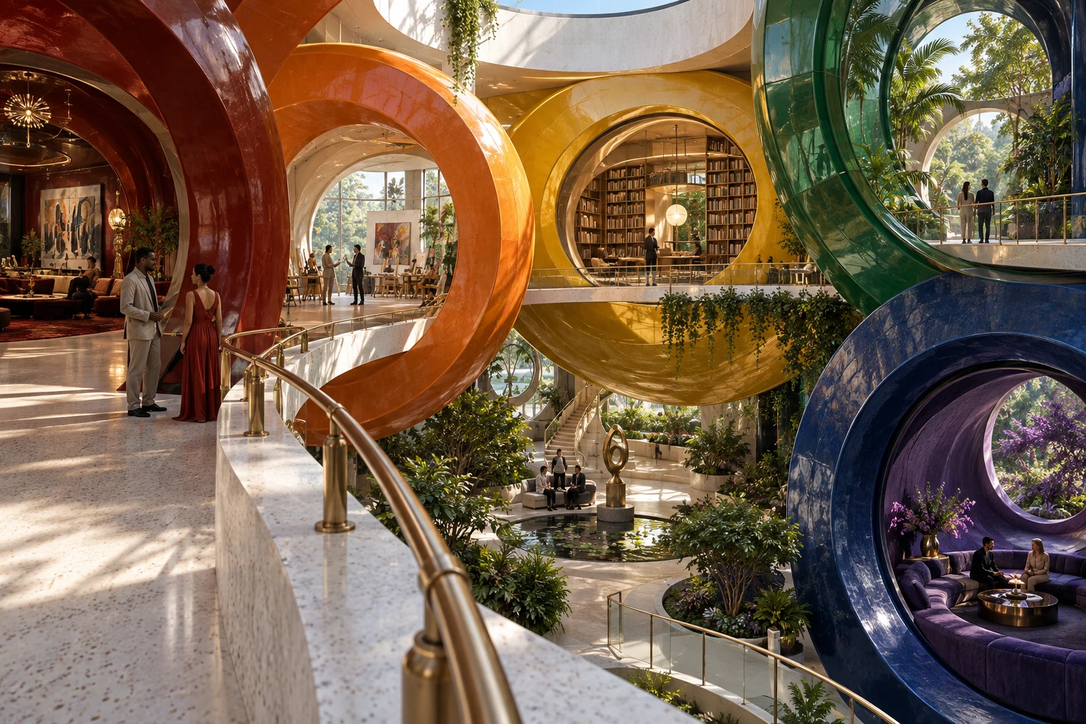 Walkways connect seven richly coloured toroidal structures, with a library, studio and garden opening from the shared space.