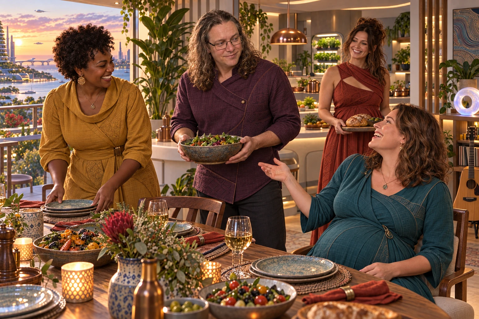 A pregnant woman in teal calls Sire over as adult friends share a laugh and prepare dinner in a colourful coastal home.