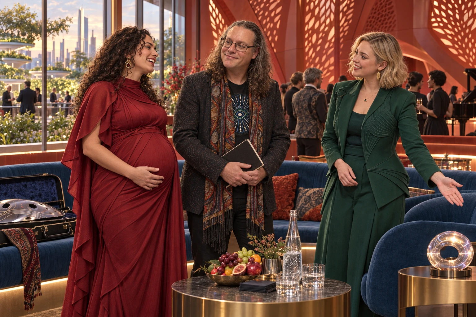 A visibly pregnant singer in a garnet dress and her friend in emerald invite Sire to join their conversation in a future theatre lounge.