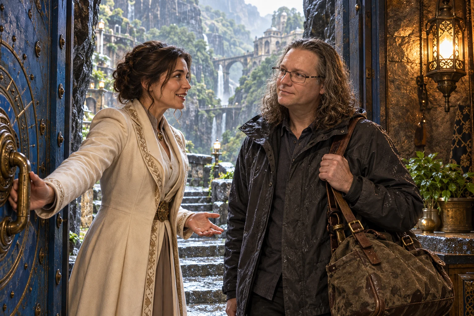 An adult woman envoy opens a mountain doorway and welcomes Sire in from the rain.