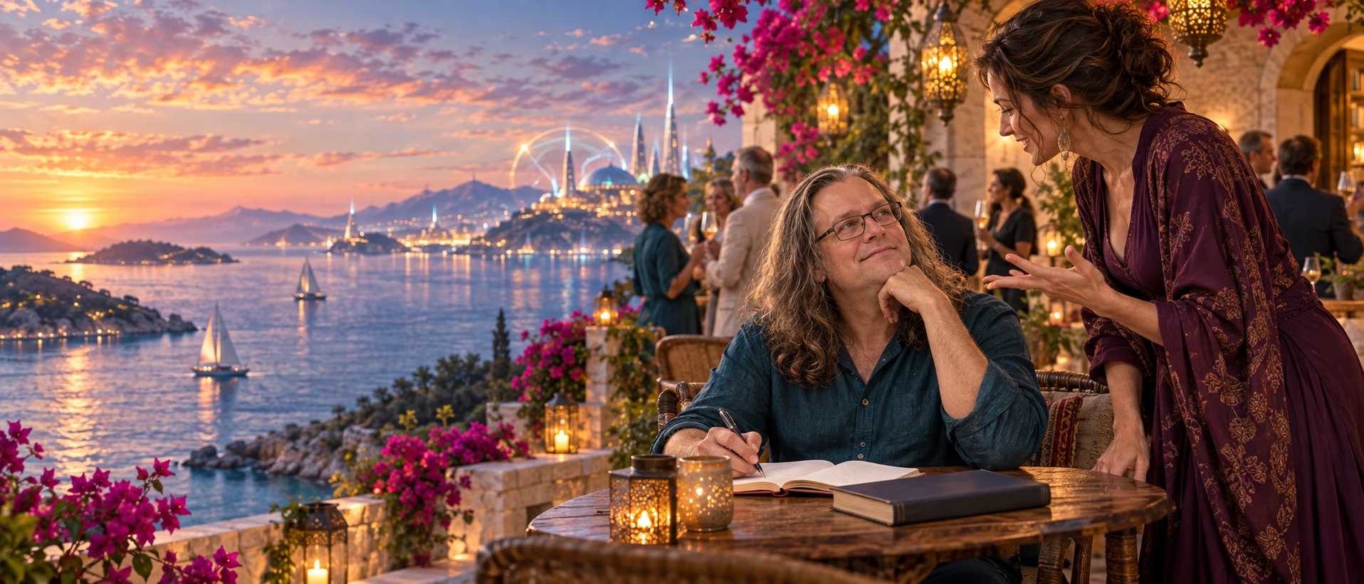 An imagined portrait of the long-haired writer with glasses beside a harbour.