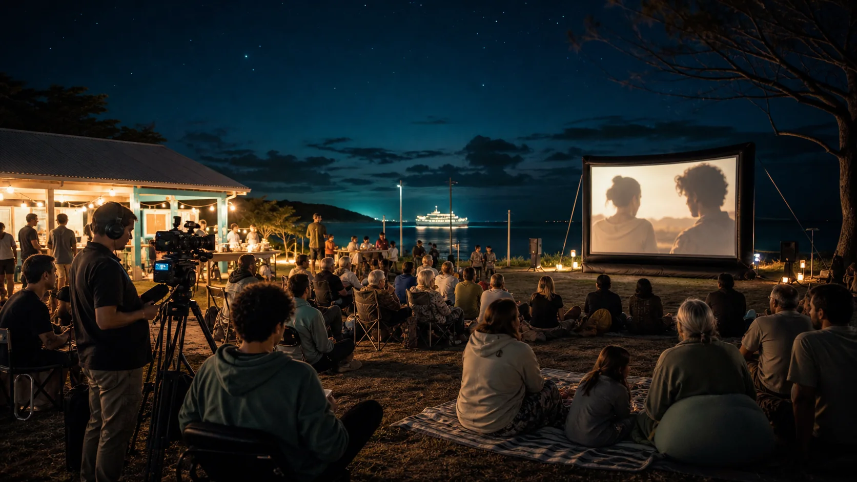 Outdoor cinema and local film crew at an evening community gathering