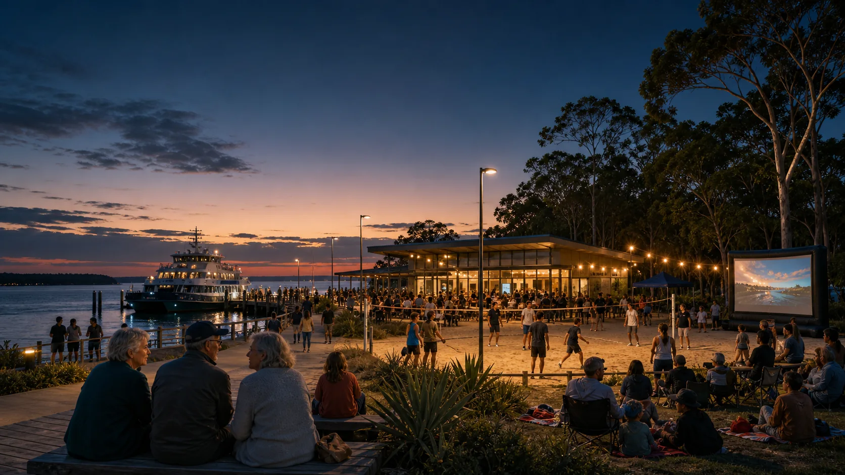 Evening community hub near the ferry with sand sport, outdoor cinema and all-ages gathering