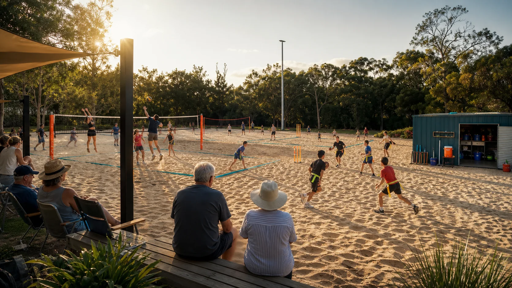 Sheltered sand courts with families, elders and young people using modular sport facilities