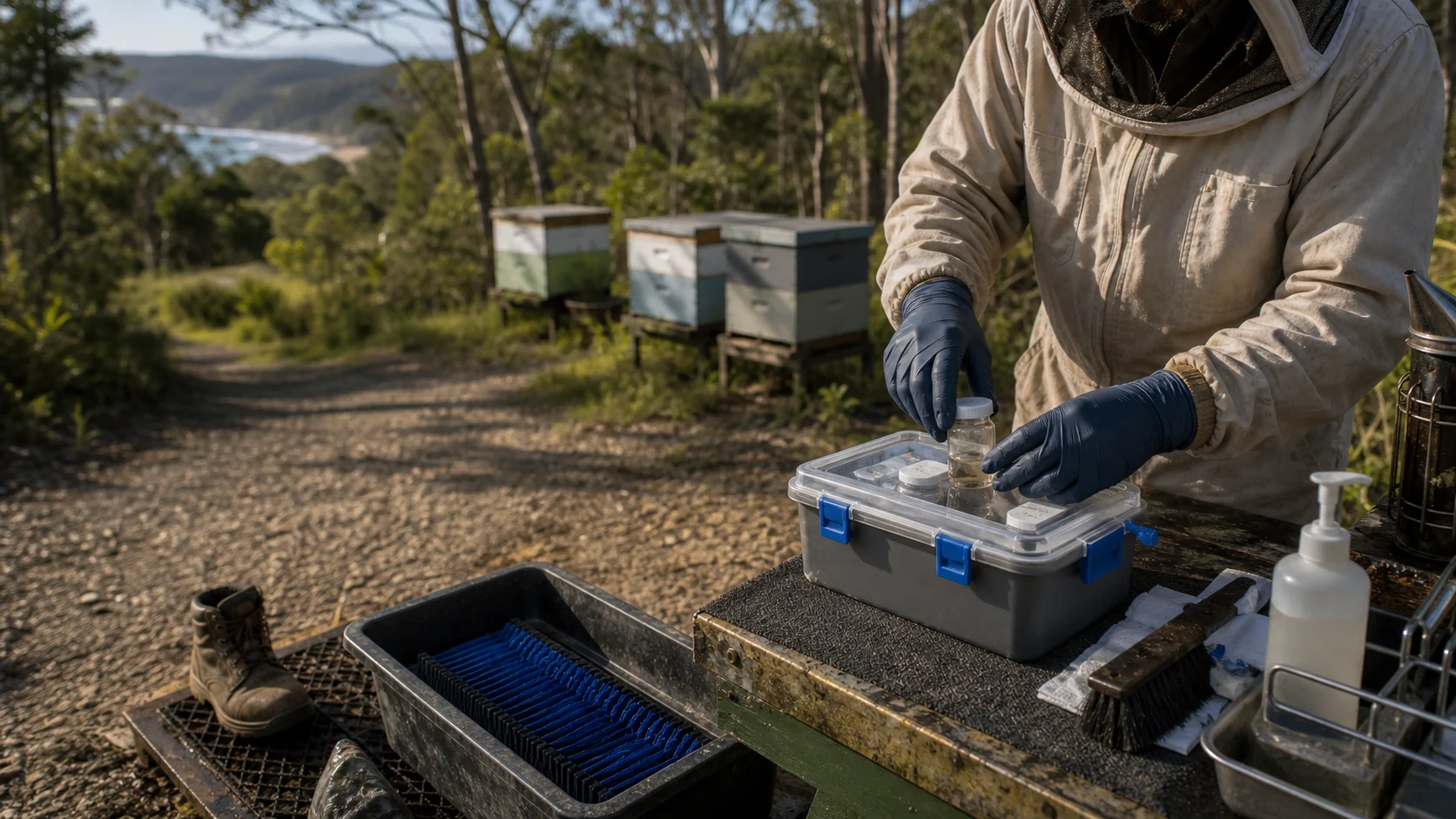 A beekeeper cleaning tools and placing a sample jar into a sealed box near island hives