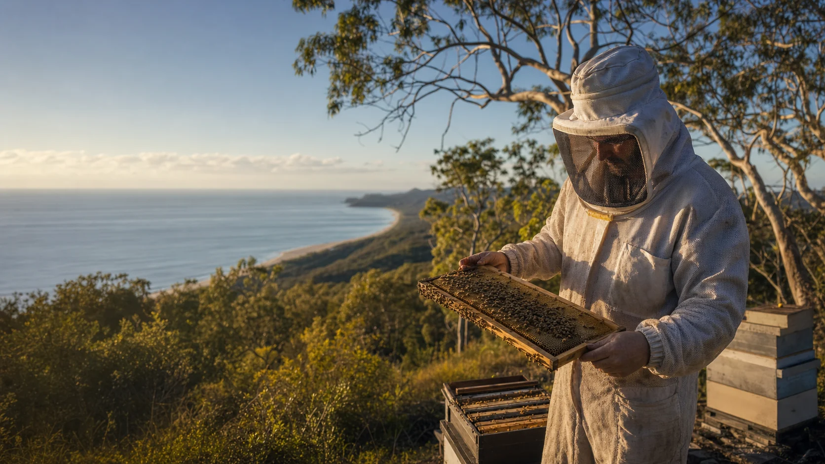 A beekeeper checking a hive frame above coastal water and eucalypt scrub