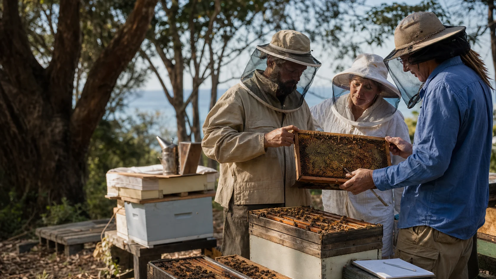 Local beekeepers comparing a hive frame in a shaded island apiary