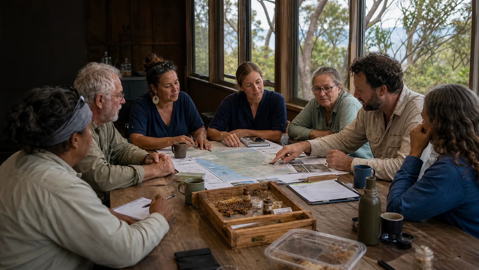 Community members, beekeepers and researchers around a table with hive notes and samples