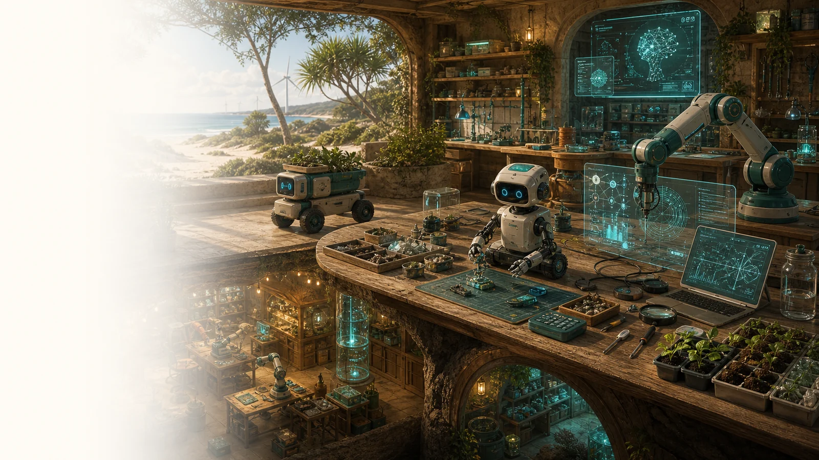 A warm coastal maker-space where small helper robots, repair benches, sensor kits and AI review panels support careful public work