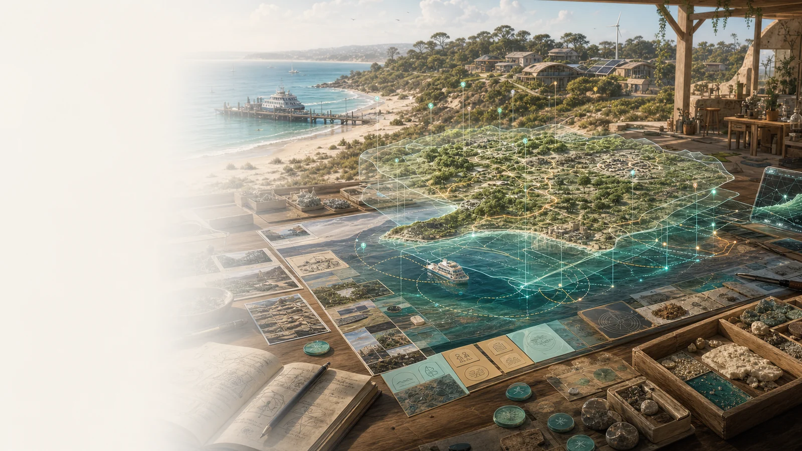 A coastal workbench with a transparent island digital twin, ferry routes, source cards and translucent assumption layers
