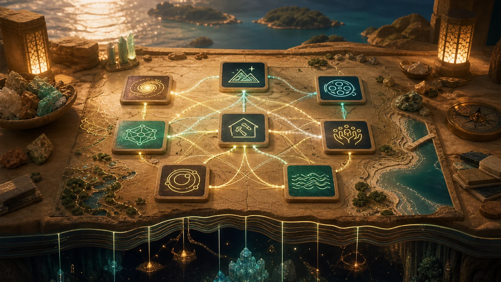 A luminous ecosystem map on a sandstone table with connected project symbols, material samples and coastal island contours