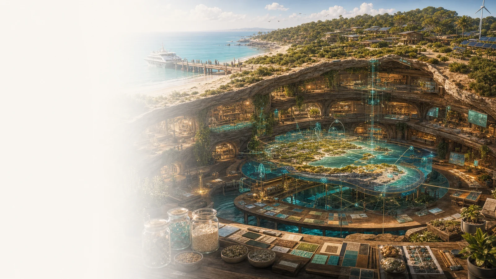 A coastal island above a layered subterranean simulation chamber with public review tables, route lines and material shelves