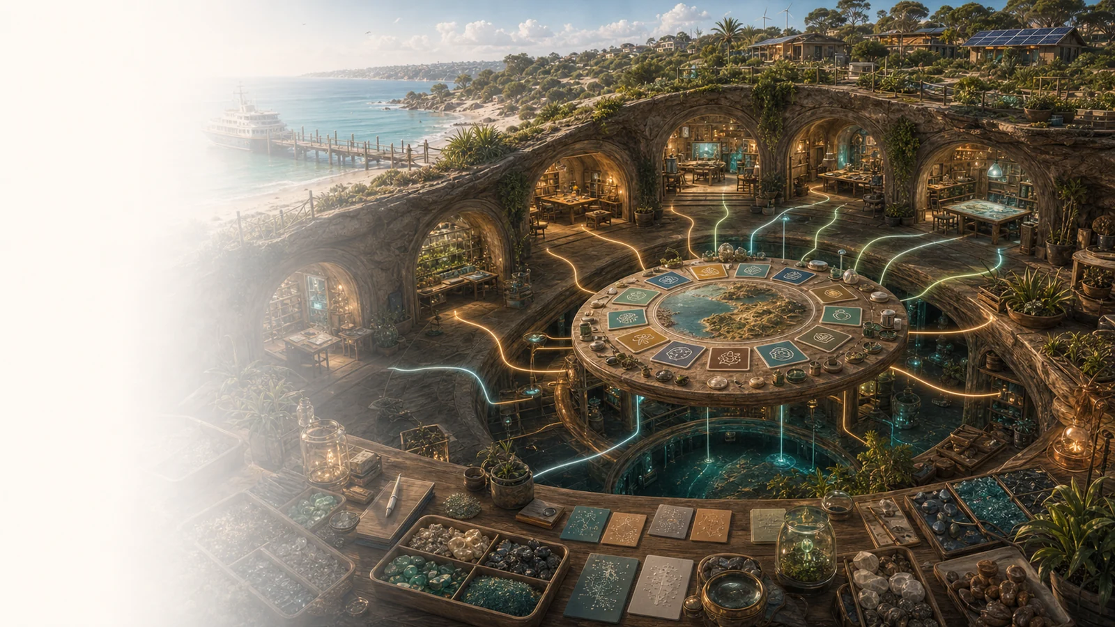 A coastal and subterranean threshold with warm pathways into learning, making, mapping, care, storytelling and review rooms