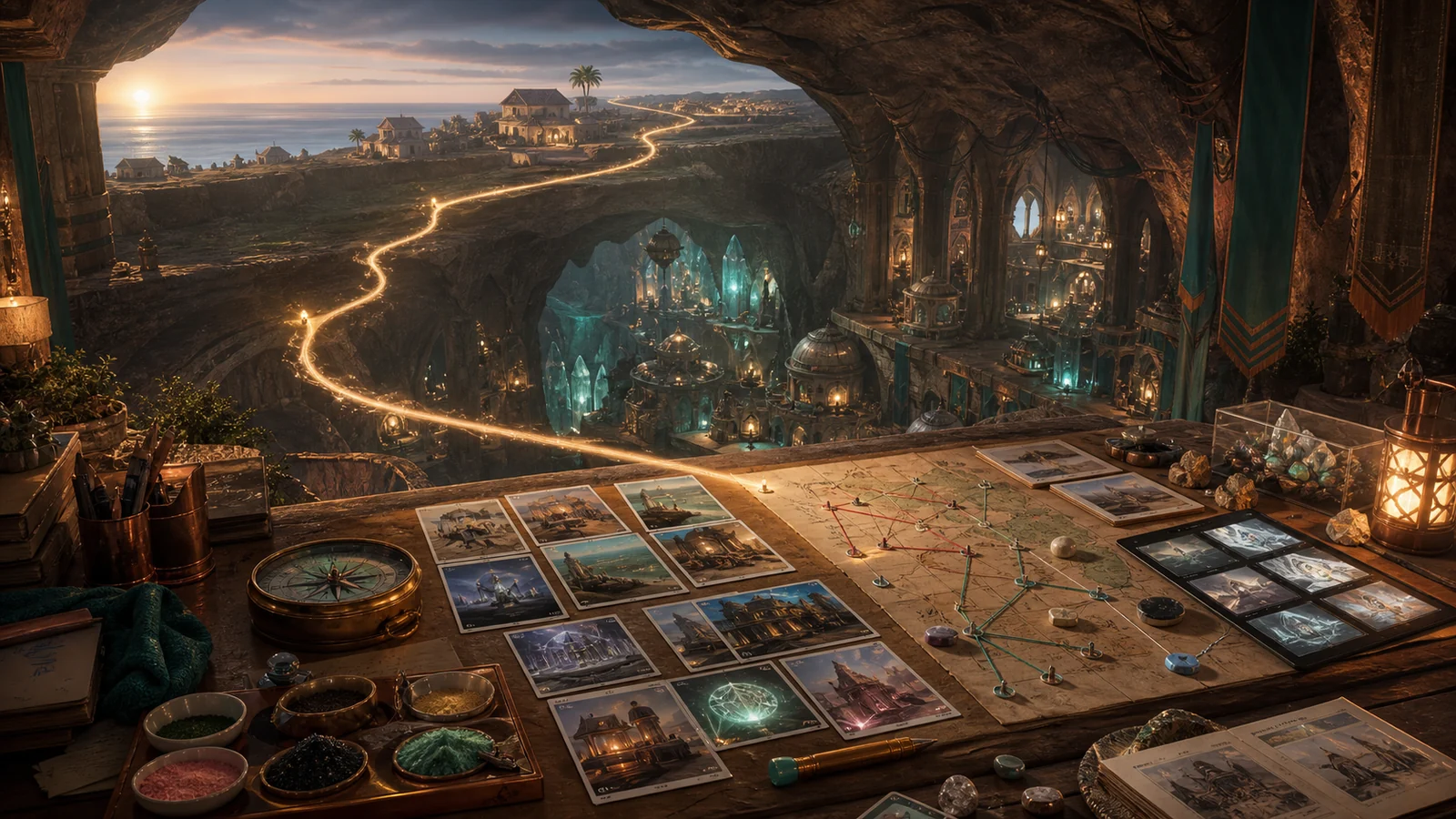 A quest-planning table with story cards, tools, mineral samples and a glowing path into a coastal subterranean city