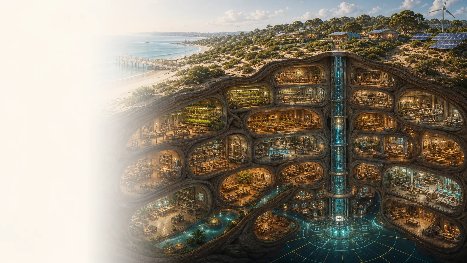 A disciplined underground coastal civic city with layered gardens, warm workshops, clean water channels and a central lit shaft