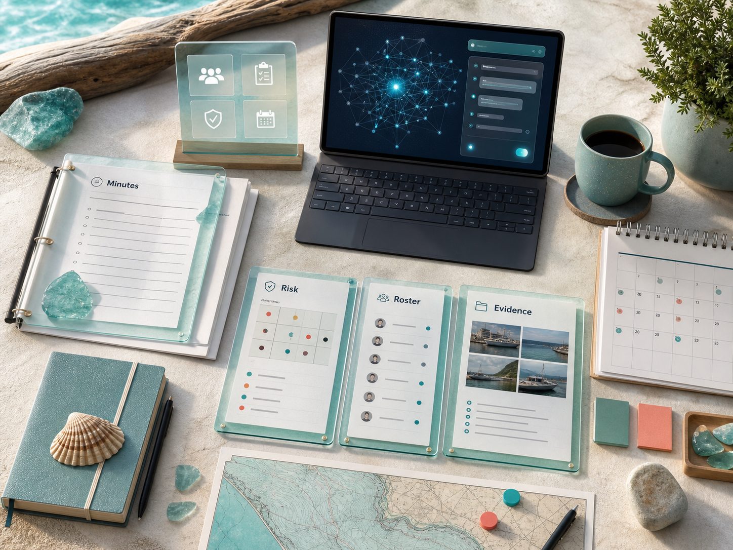 Club records, forms and AI-assisted admin tools arranged on a coastal planning table.