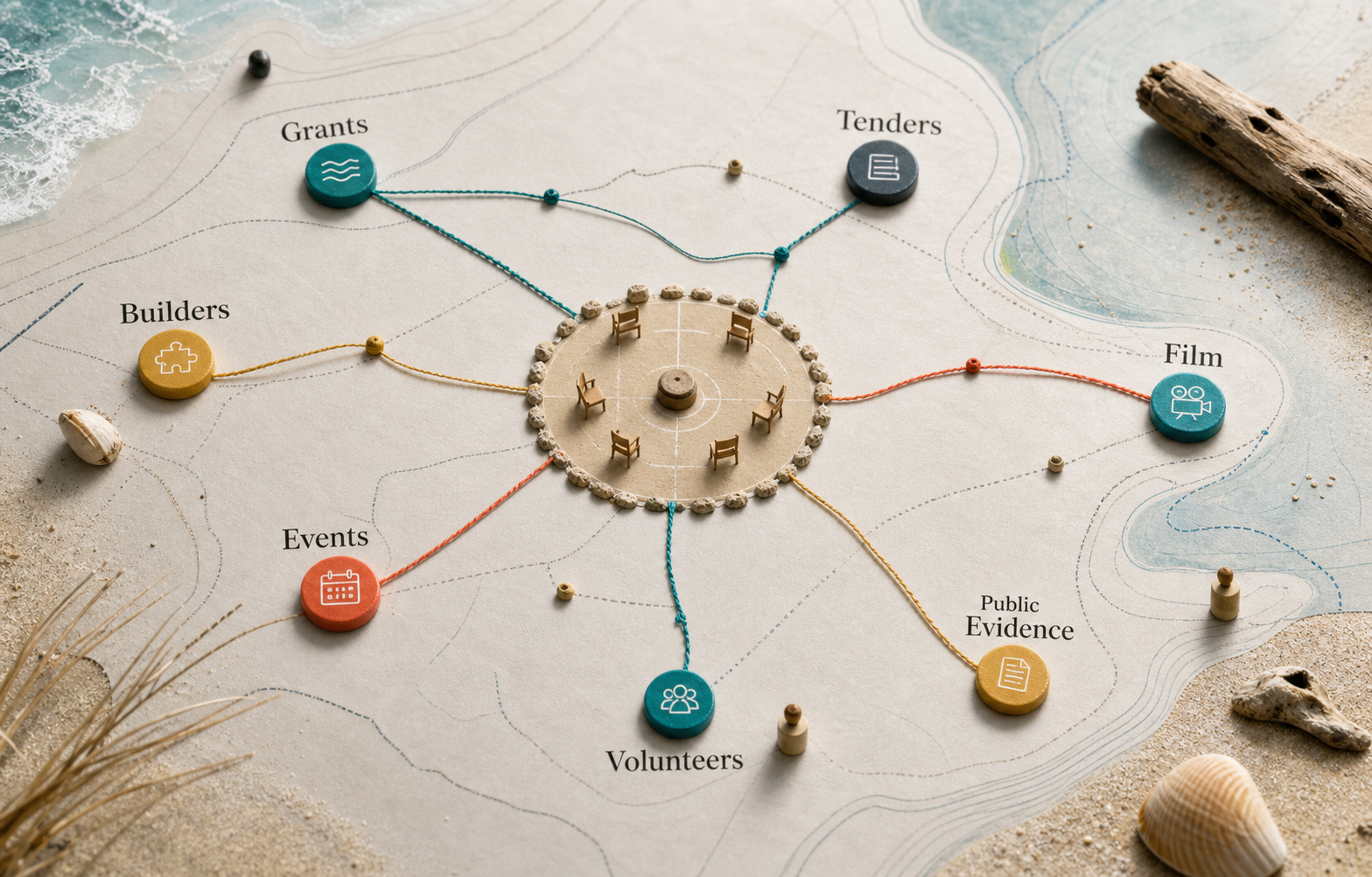 A tactile systems map connecting a community club with grants, tenders, film, builders, events, evidence and volunteers.