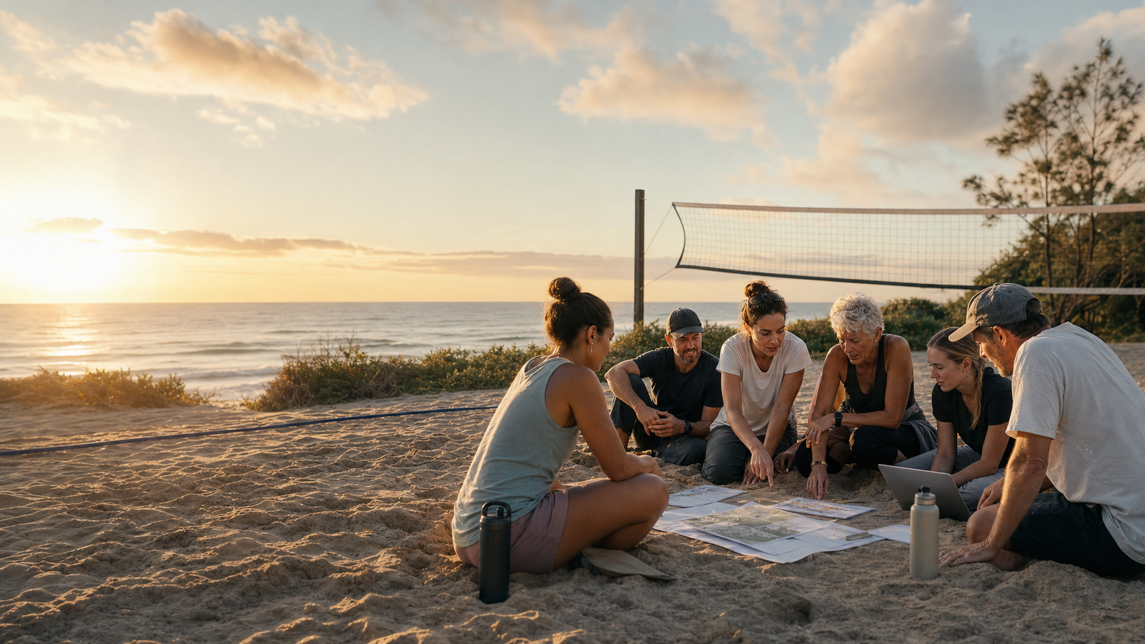 A mixed-gender founding group planning a community sand sports club beside a coastal sand court.
