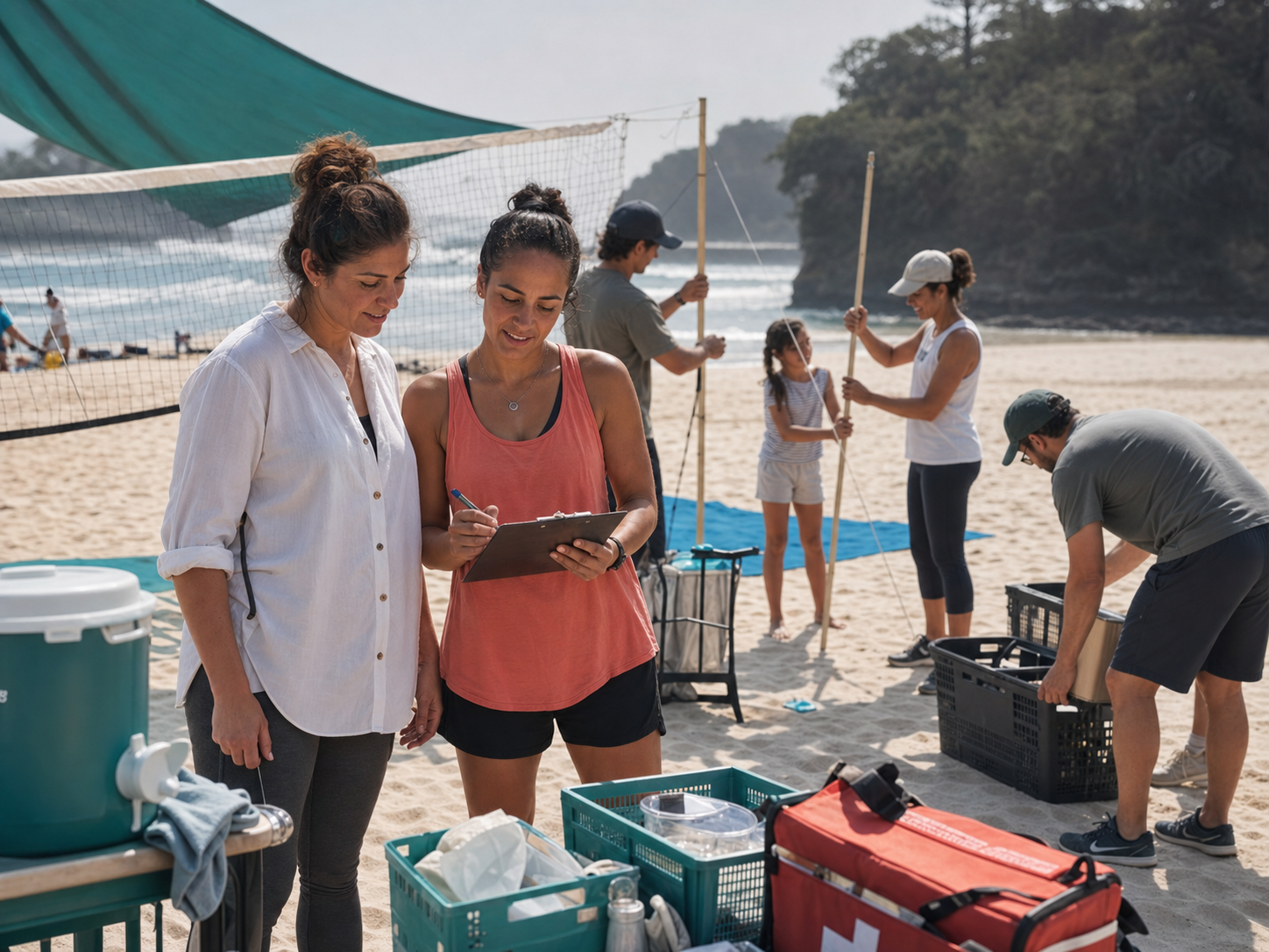 Women coordinating a mixed-gender community sand sports setup with equipment, shade and first aid visible.