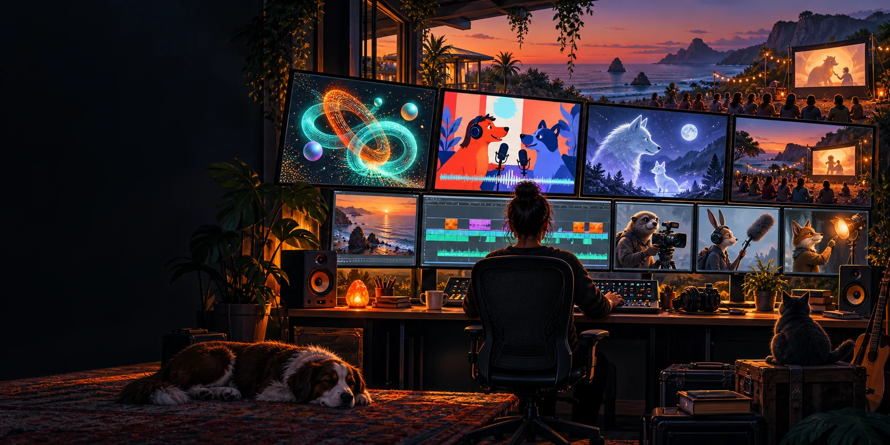 Generated concept artwork of a coastal video editing studio connecting several different creative projects