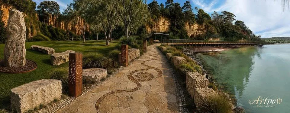 Daytime concept visualisation of a foreshore promenade with engraved paving, stone seating, native planting and a boardwalk along the seawall