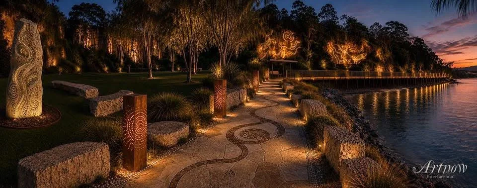 Concept visualisation showing a lit foreshore walk beside the water