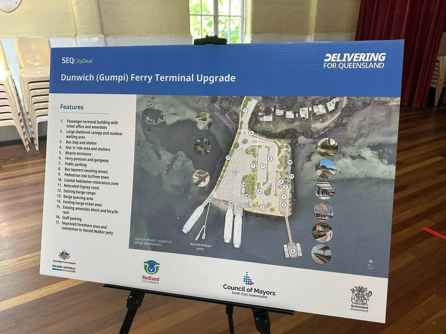 Photo of the Dunwich Hall concept design board for the ferry terminal upgrade