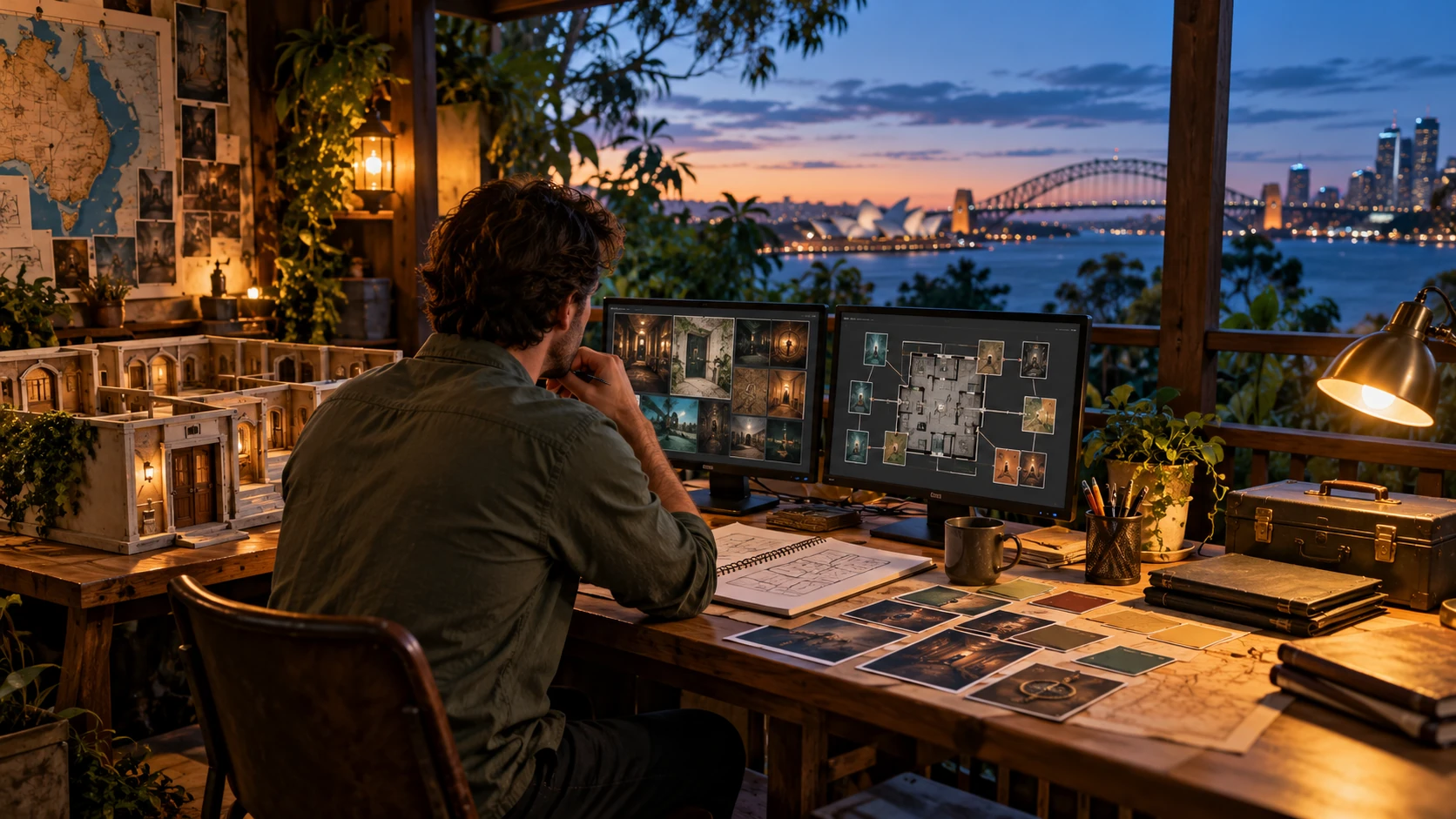 One founder planning proposed AI-assisted work at a calm desk with blank role cards and abstract screens