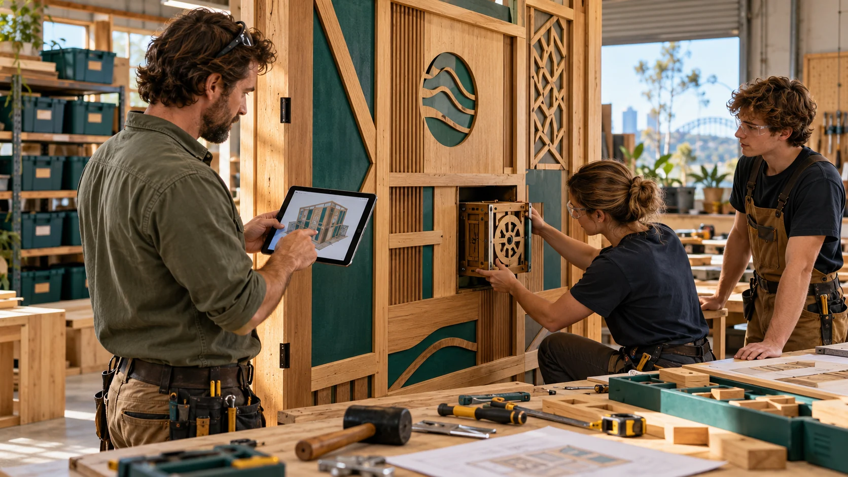 Two skilled tradespeople and an apprentice assembling a reusable timber escape-room wall module in a bright Australian workshop.